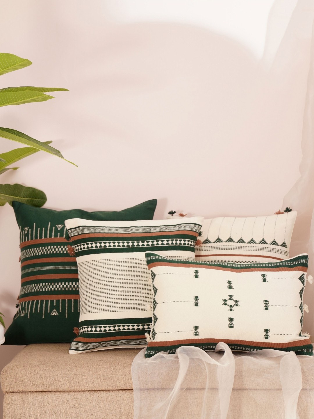 JAYPORE White And Green Geometric Cotton Rectangle Cushion Covers