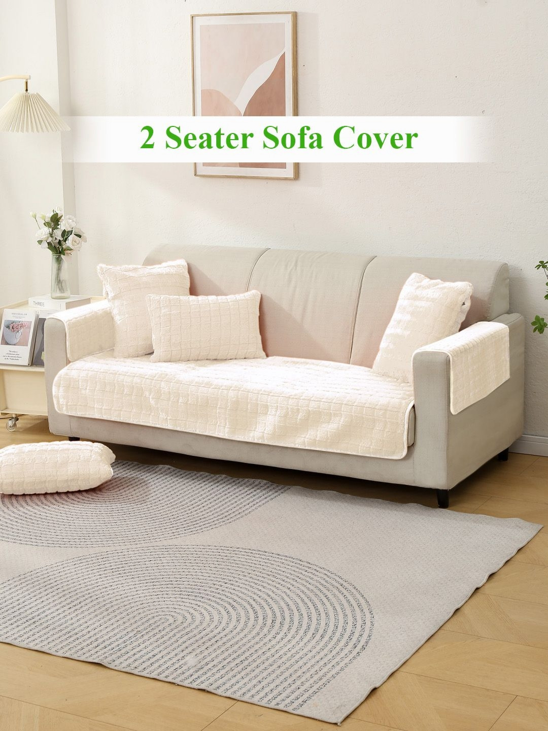 HOKIPO White Plush 2 Seater Sofa Seat Mat & 2 Armrest Covers