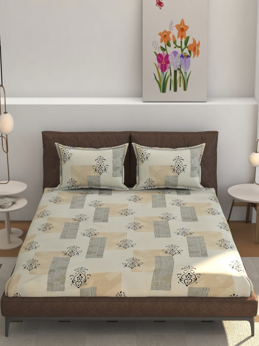 RIDHAAN Cream Graphic Polycotton 220 TC Fitted Queen Fine Bedsheet with 2 Pillow Covers-72 x 76 inches