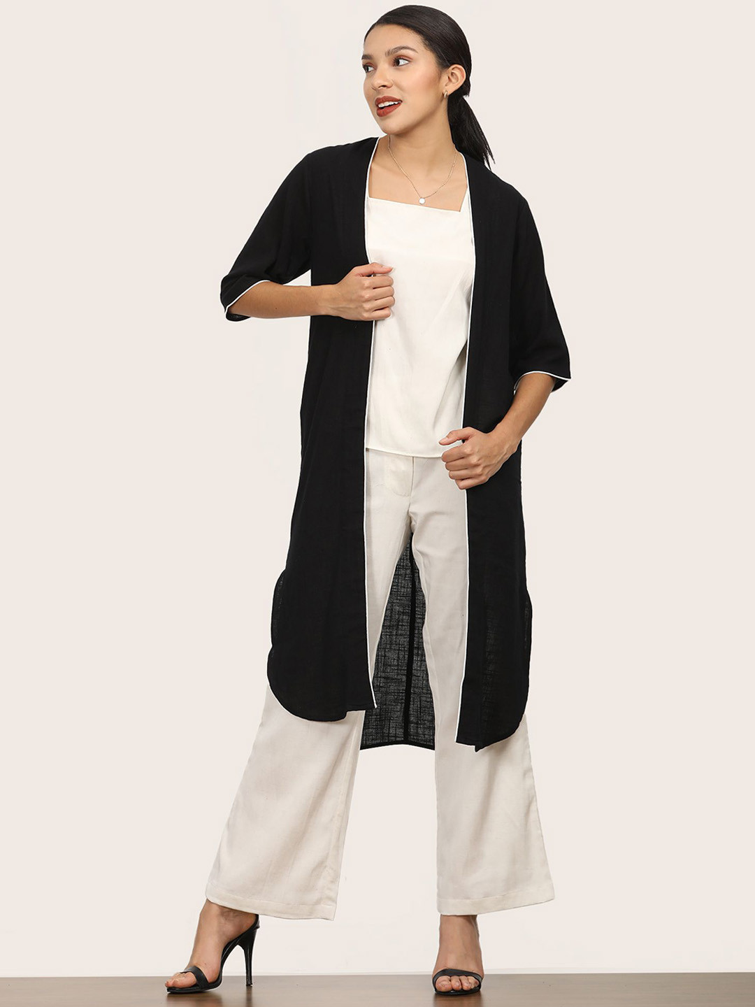 Saltpetre Women Comfortable Open Front Overlay With Square Neck Top And Pants Co-Ord