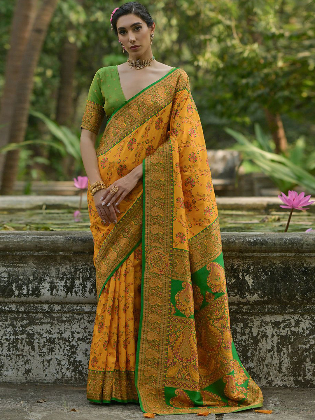 VISHNU WEAVES Vivid Yellow Ethnic Motifs Woven Design Zari Pashmina Silk Sarees