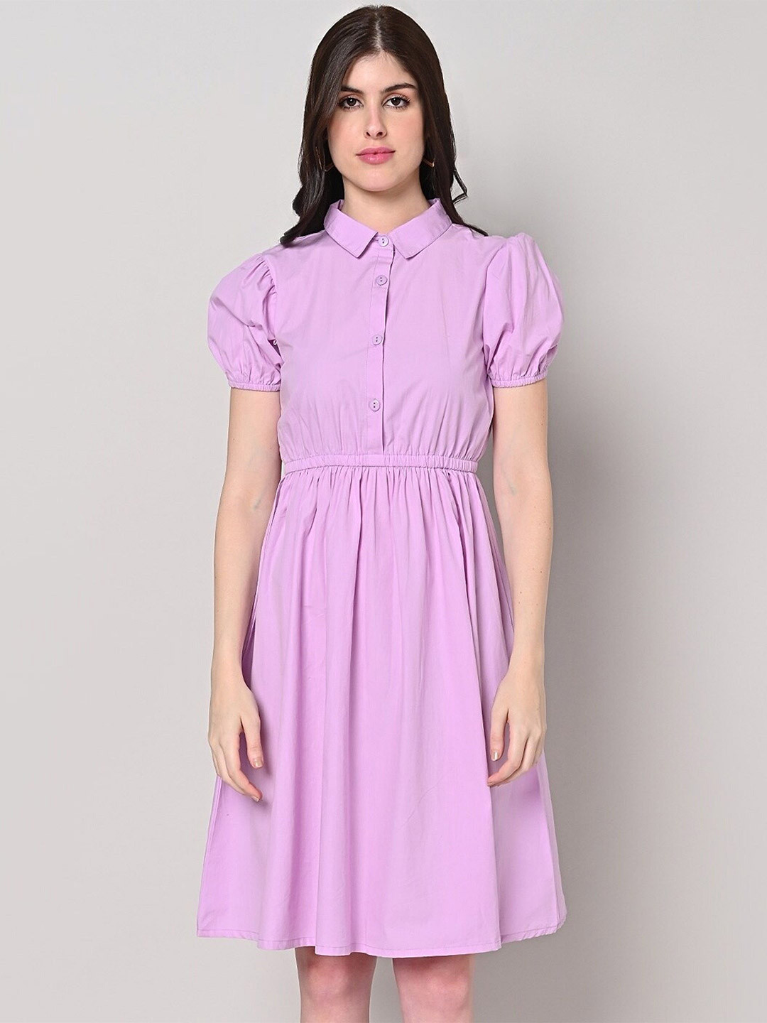 SAKURA Shirt Collar Puff Sleeve Cotton Fit & Flare Dress