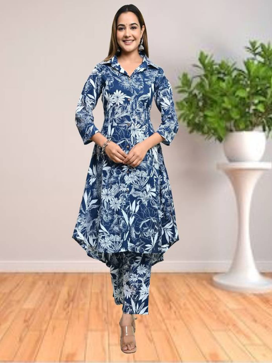 The loom craft Floral Printed Shirt Collar A-Line Kurta With Trouser