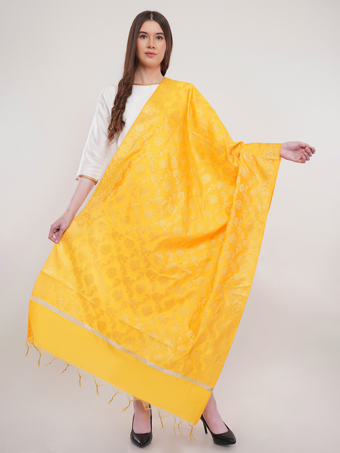 Lavantika Yellow Ethnic Motifs Woven Design Banarasi Silk Dupatta