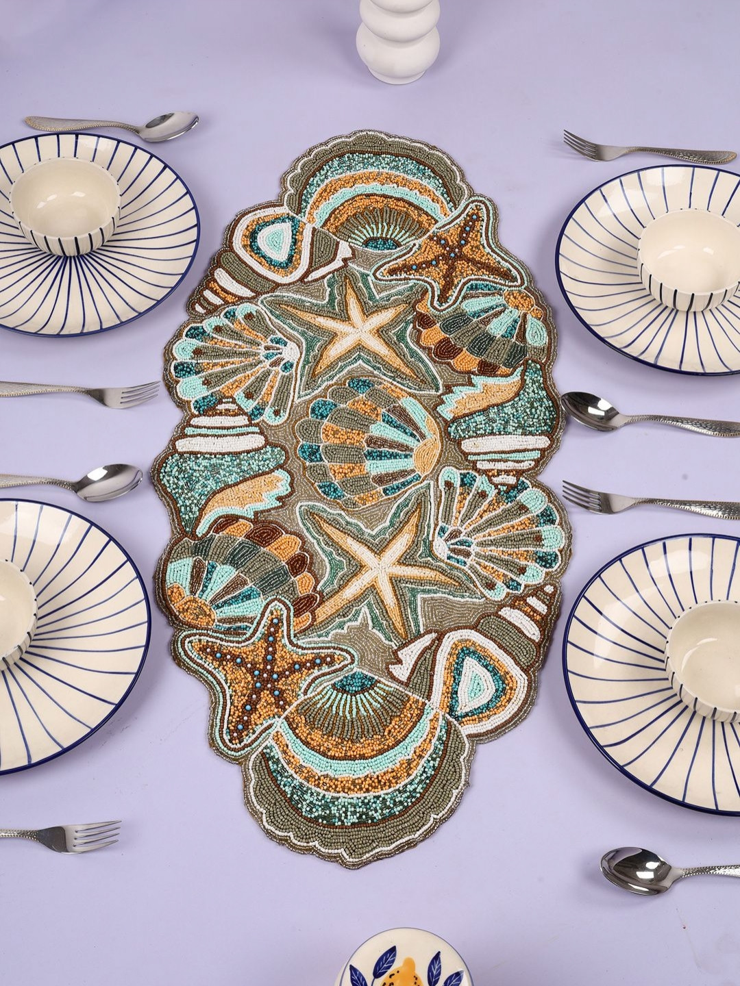 YWULY Beige & Yellow Geometric Beaded Dining Table Runner