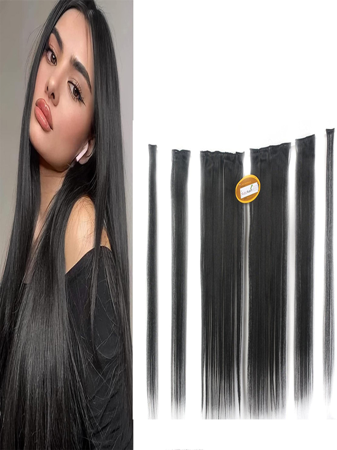 RITZKART Set Of 6 Clip In Straight Locks Hair Extension - Black - 22 Inch Each