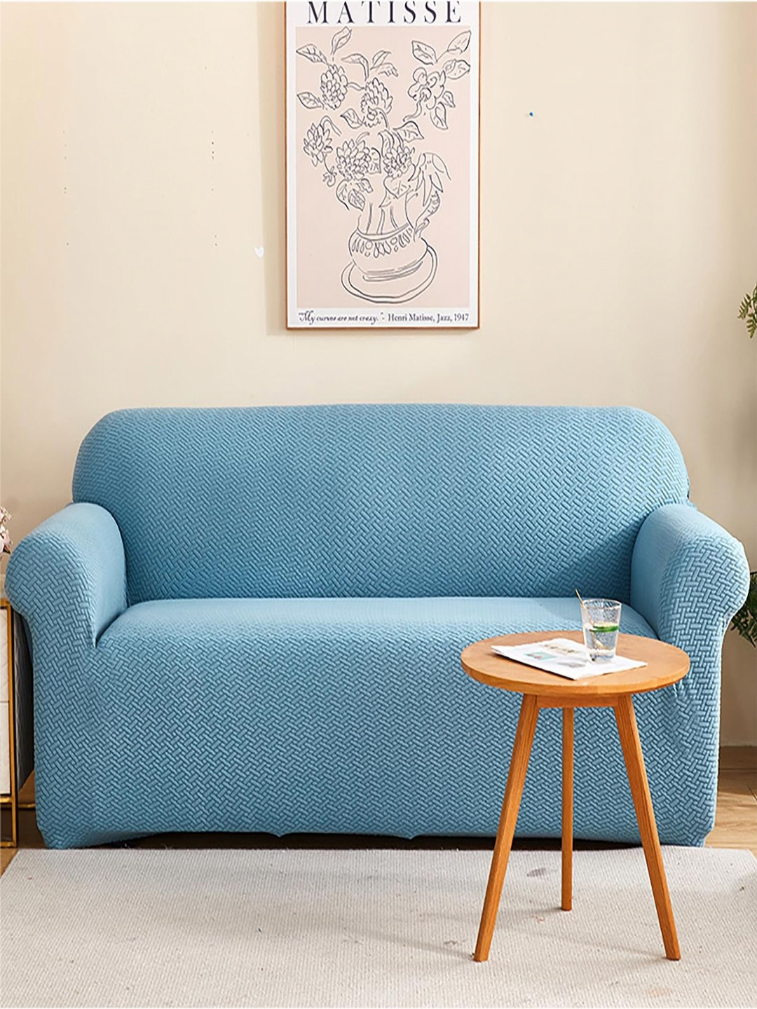 HOUSE OF QUIRK Blue Textured Polar Fleece 220 GSM 3 Seater Stretch Sofa Cover