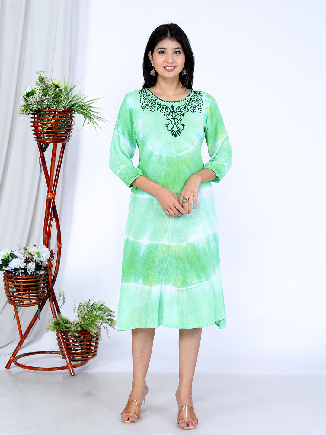 SAKURA Women Tie and Dye Print Flared Sleeve Liva A-Line Midi Dress