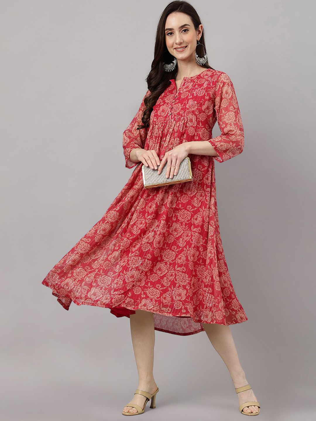 Janasya Women's Dark Pink Chiffon Lurex Floral Printed Flared Dress