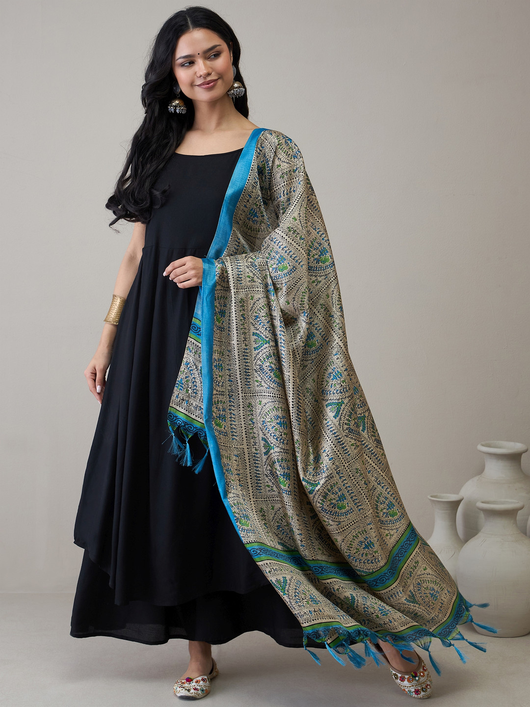 InWeave Women Pleated Kurta with Palazzos & With Dupatta
