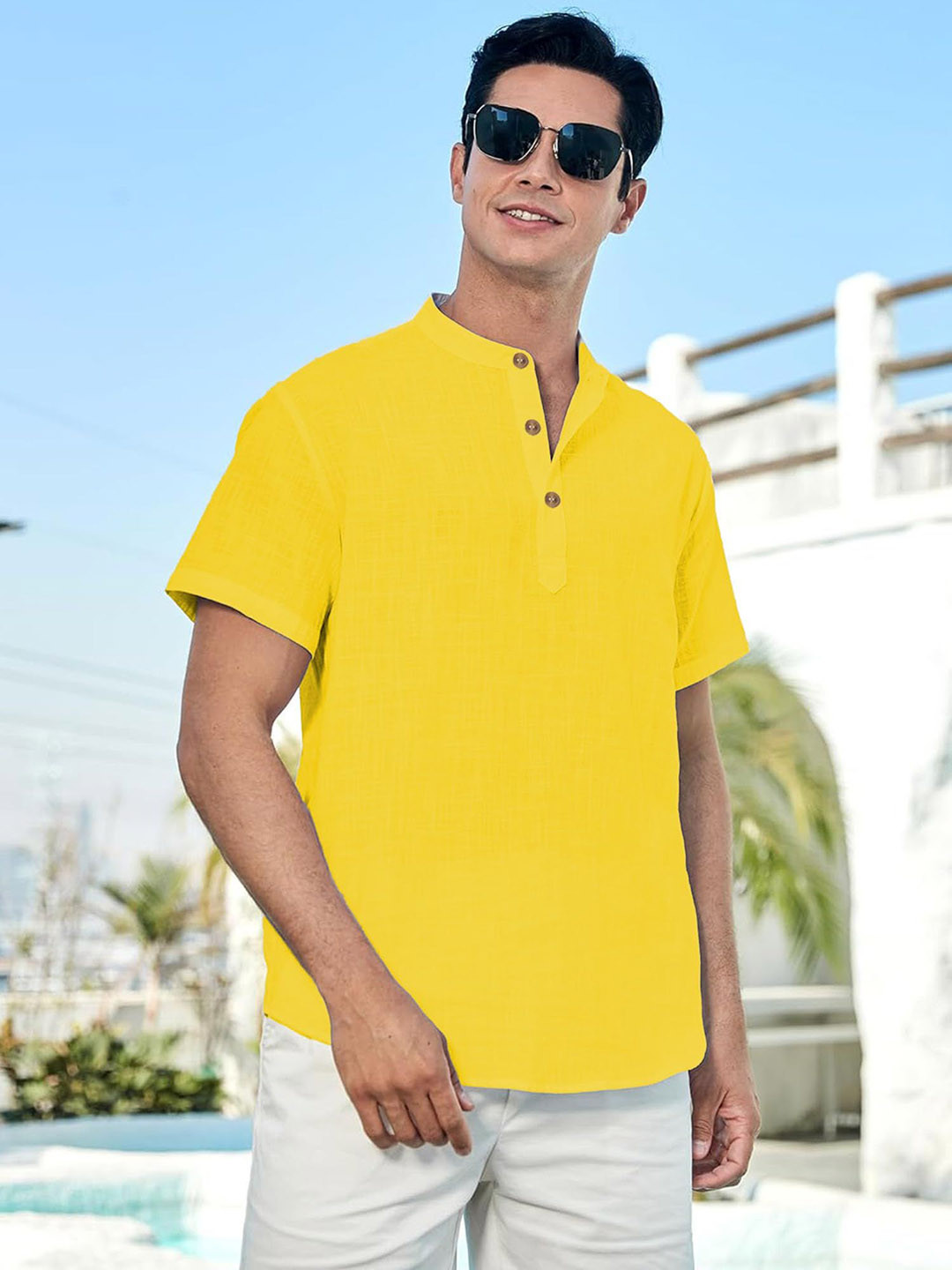 Vida Loca Half Sleeves Band Collar Cotton Straight Slim Fit Short Kurta