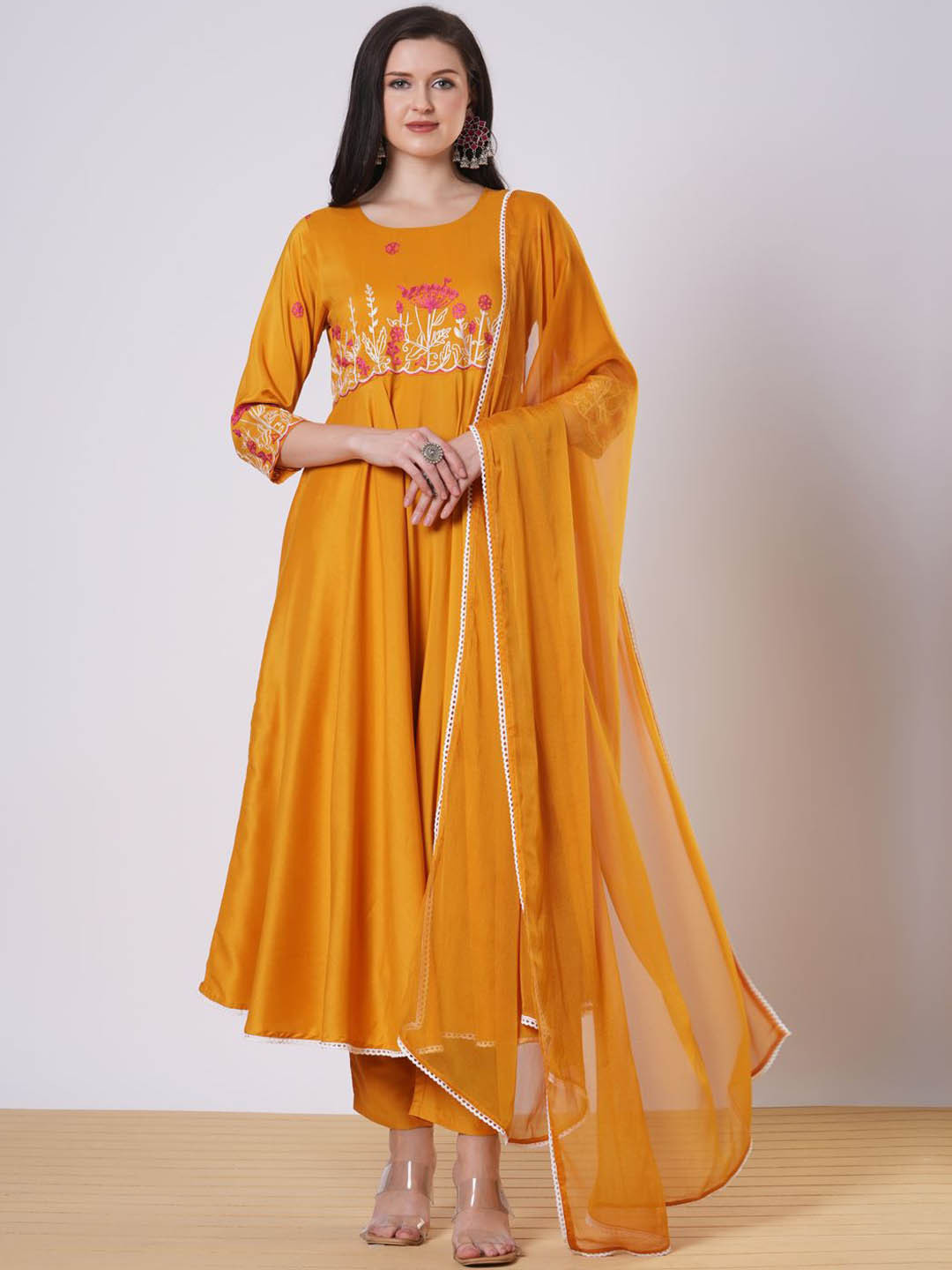 GoSriKi Sikaro Floral Embroidered Anarkali Kurta With Trousers & Dupatta