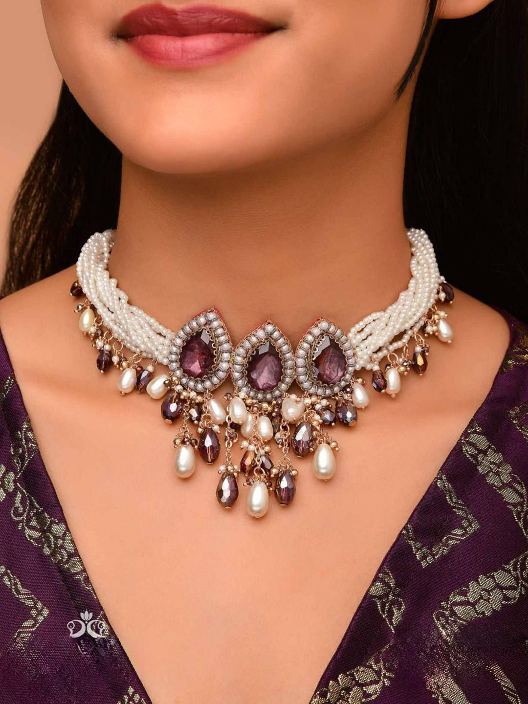 EVERSTYLISH Sanjoya Stone, Beads & Pearls Hand Embroidered Neckpiece