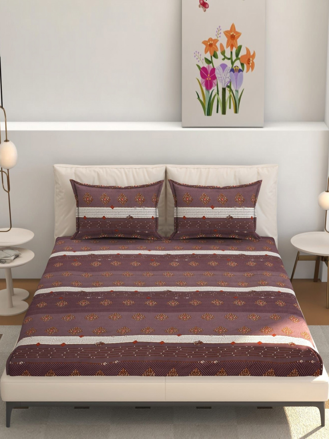 RIDHAAN Home Shores Brown Ethnic Motifs Cotton 220 TC Fitted Queen Fine Bedsheet with 2 Pillow Covers-182 x 192 cm