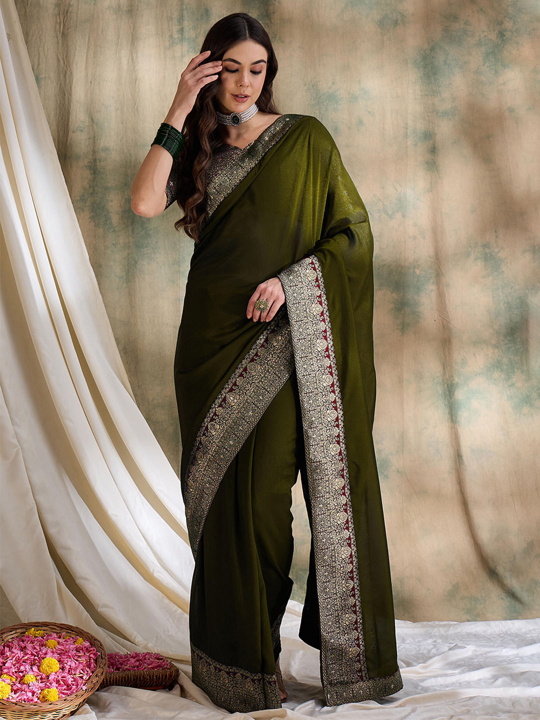 DEVATITHI Woven Design Zari Olive Vichitra Saree