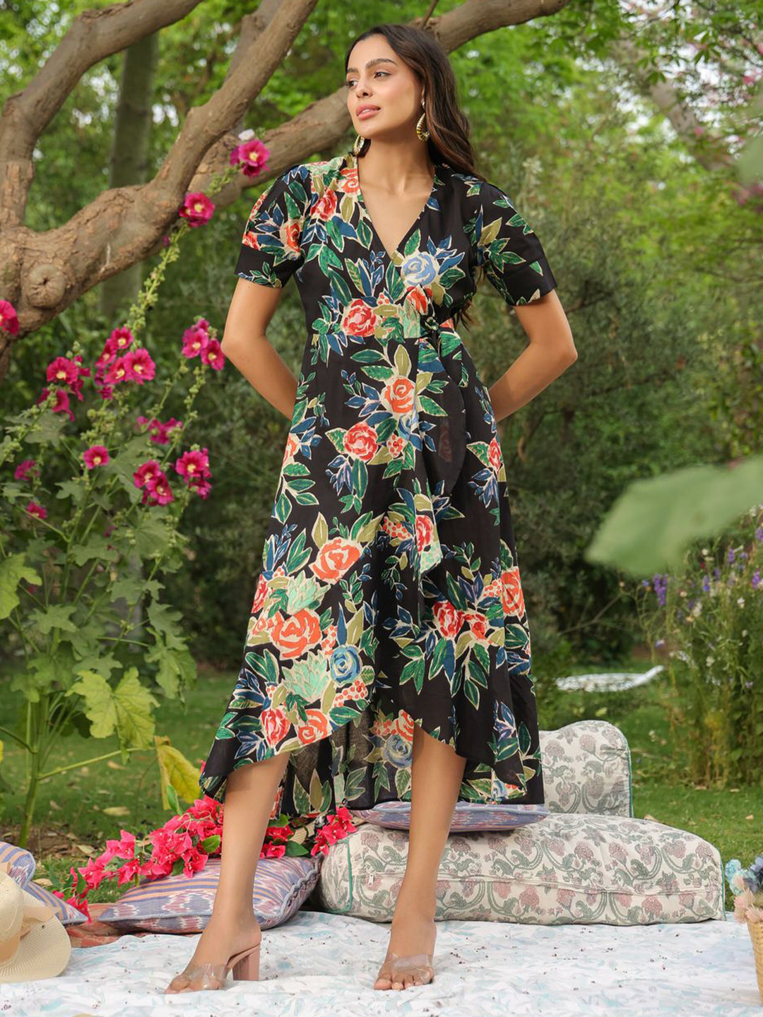 JISORA Multicoloured Pure Floral Cotton Midi Wrap Dress