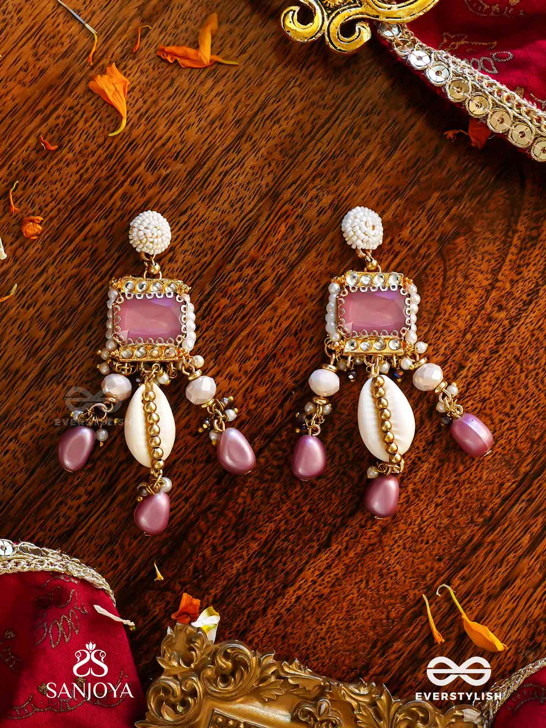 EVERSTYLISH Sanjoya Kundan Earrings with Pearl Strings, Shells & Pink Gem Embellishments