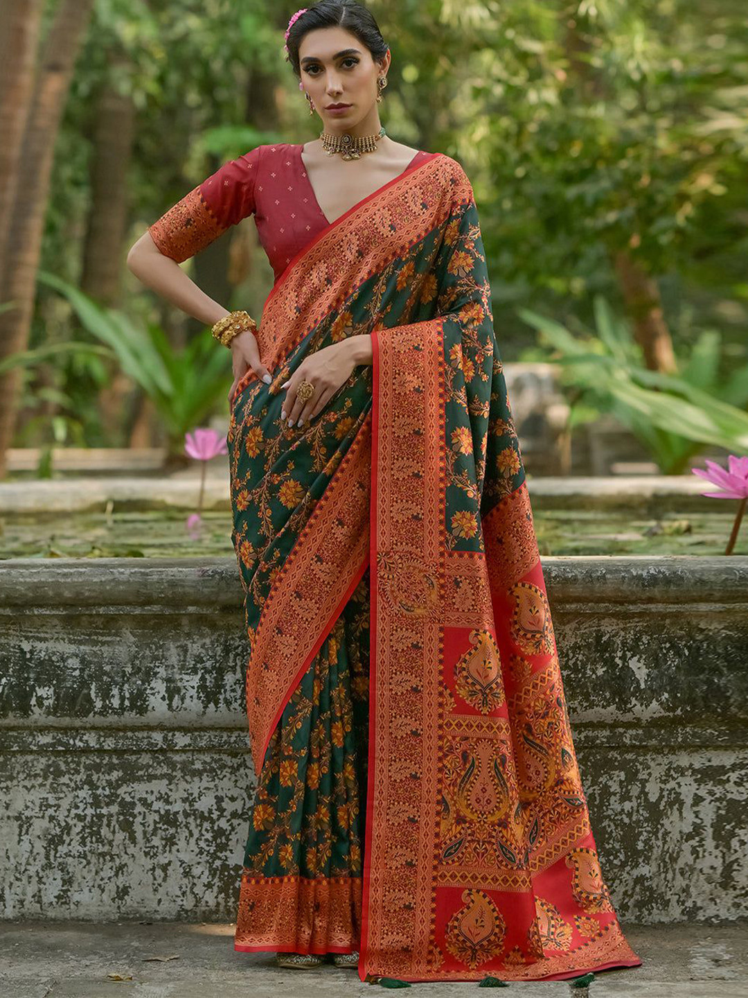 VISHNU WEAVES Burnt Green Ethnic Motifs Woven Design Zari Pashmina Silk Sarees