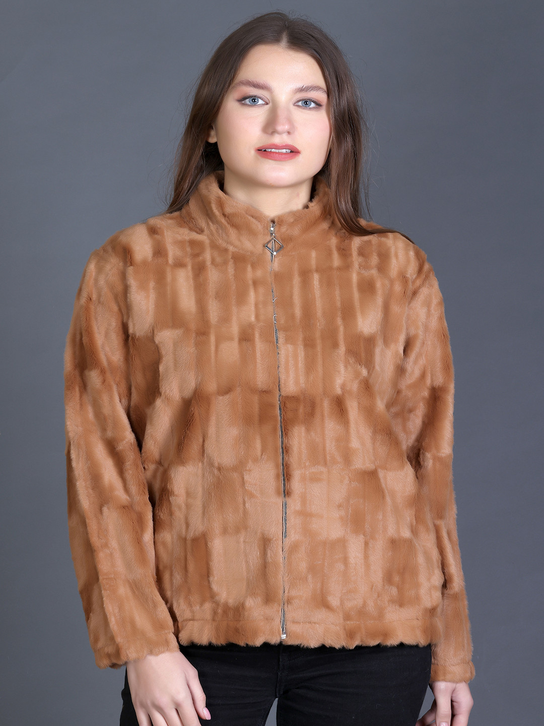 GODFREY Women Mock Collar Solid Faux Fur Casual Lightweight Tailored Jacket