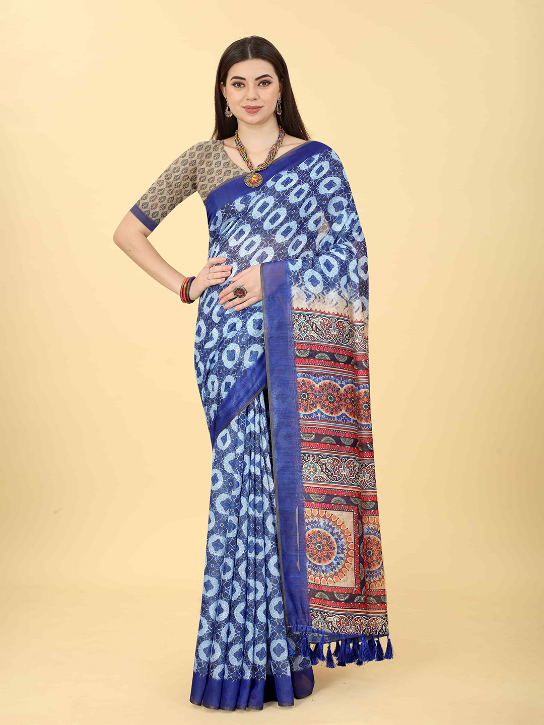 DIVASTRI Chanderi Cotton Indigo Digital Printed Saree With Tassels