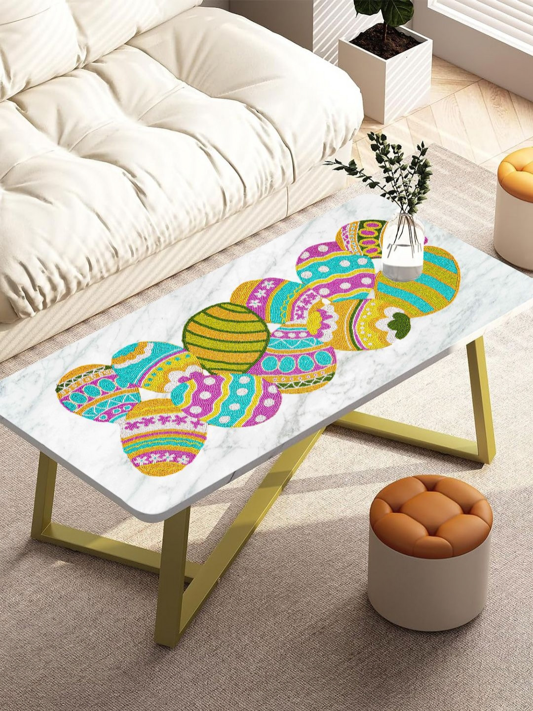 YWULY Green & Turquoise Blue Embroidered Beaded Dining Table Runner