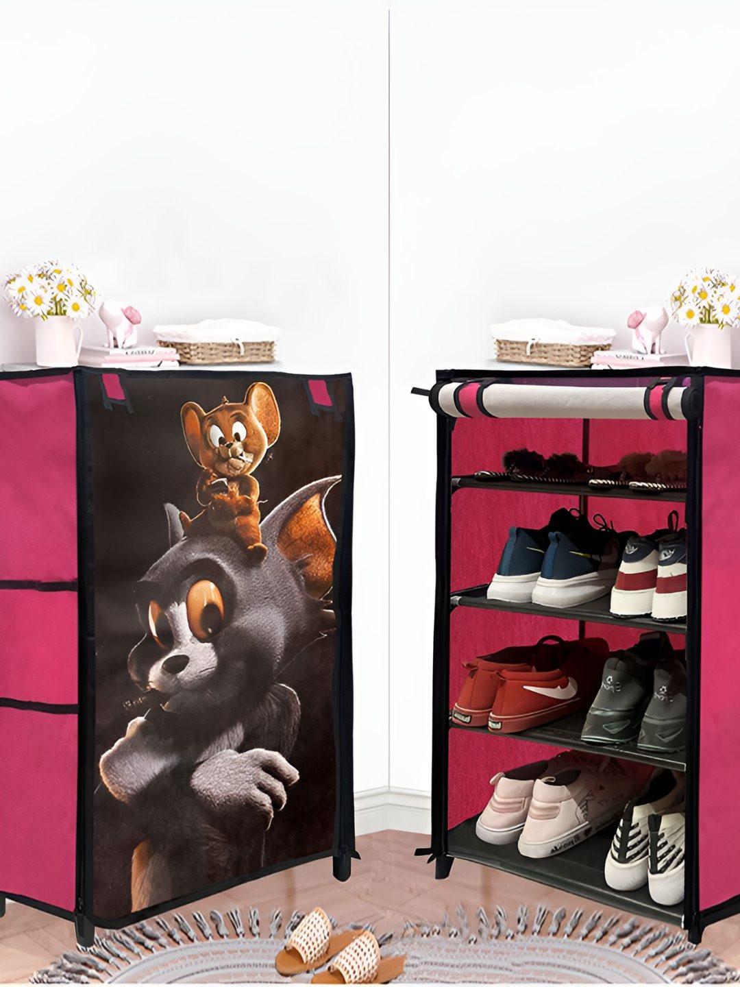 Urban Choice Pink & Black Printed 4 Layer Stainless Steel Collapsible Shoe Stand