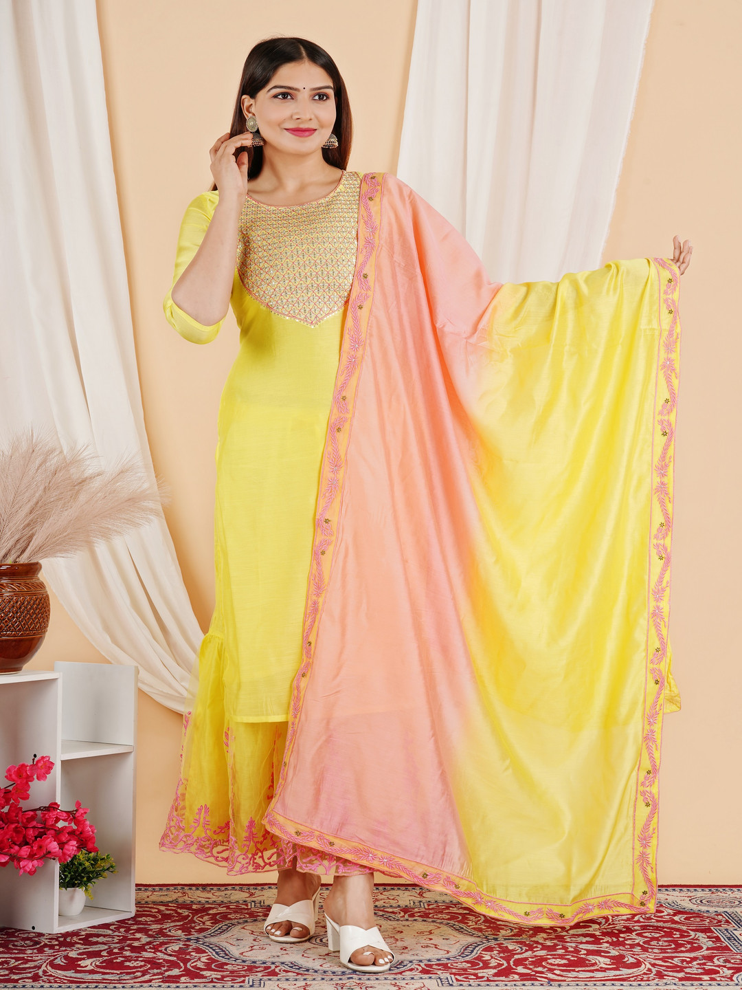 AMIRAS INDIAN ETHNIC WEAR Embroidered Chanderi Cotton Kurta With Sharara And Dupatta