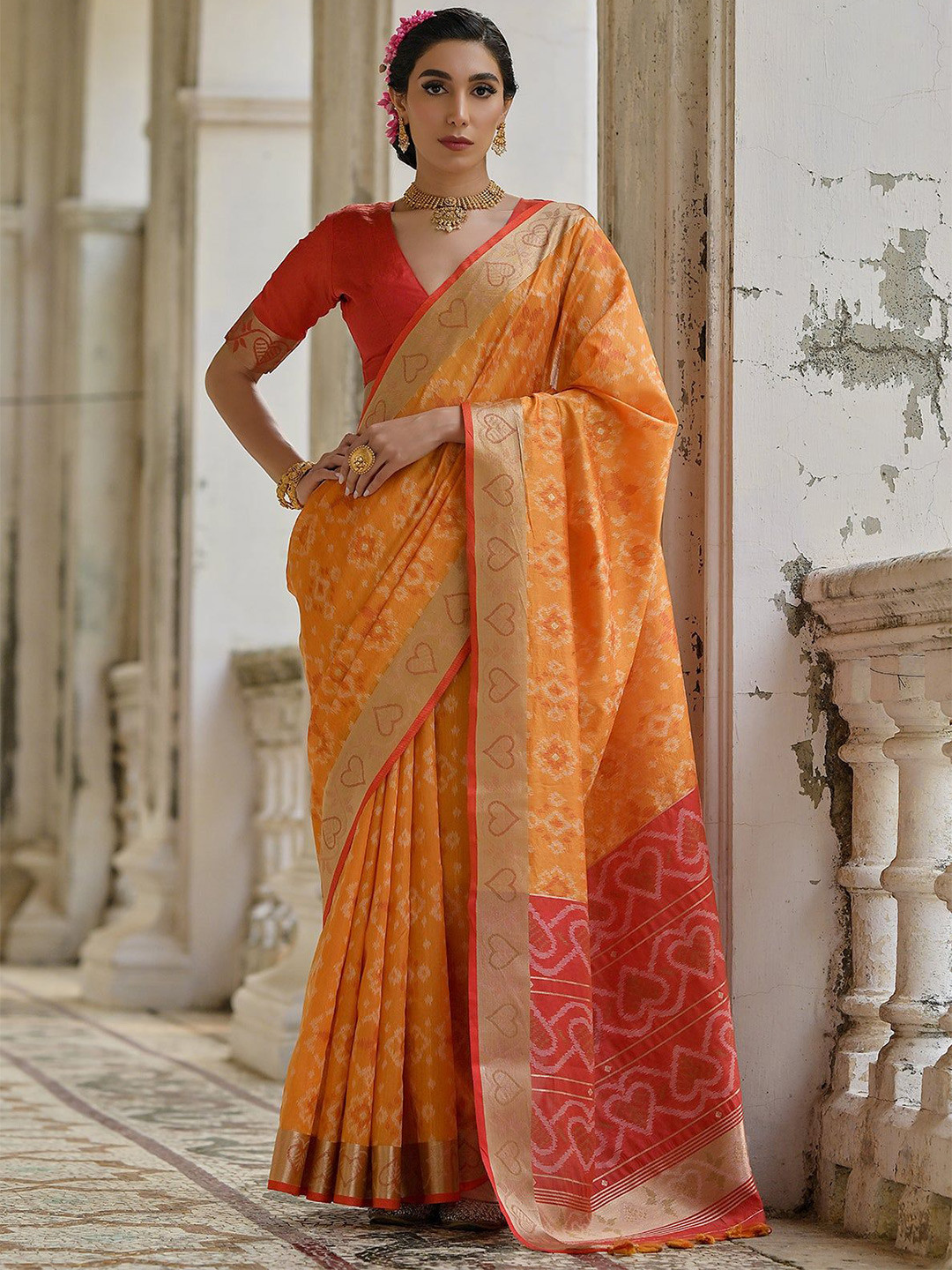 VISHNU WEAVES Fire Mustard Ethnic Motifs Woven Design Zari Ikkat Silk Sarees