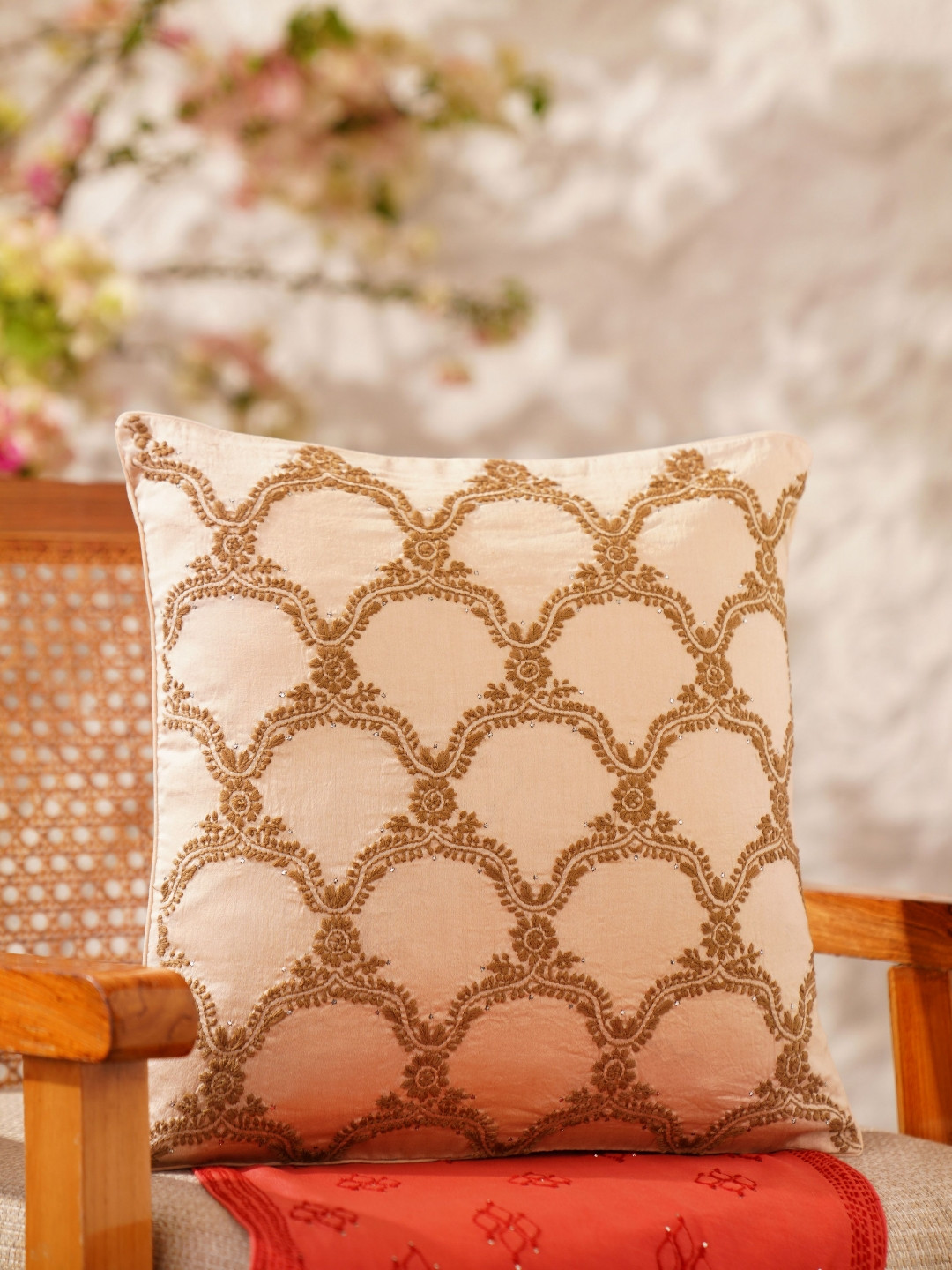 JAYPORE Grey Ethnic Motifs Polyester Silk Washable Embroidered Cushion Cover -16x16In