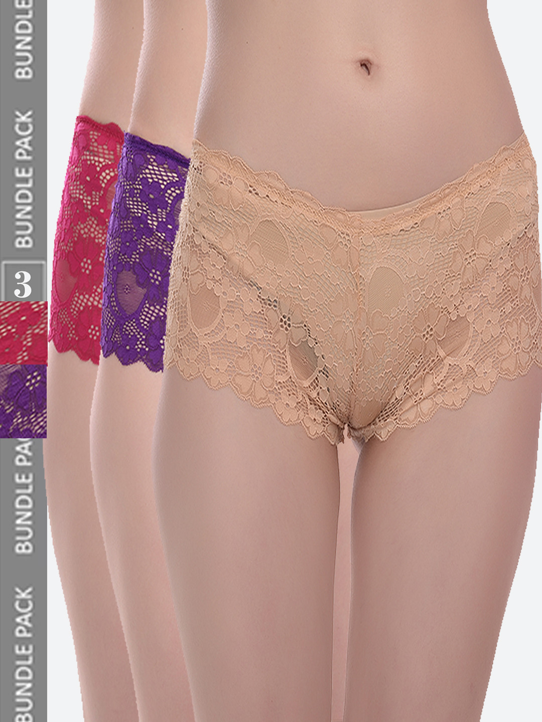 Fleurt Pack Of 3 Assorted Lace Boy Shorts Briefs - HOBFPT3-OS-27