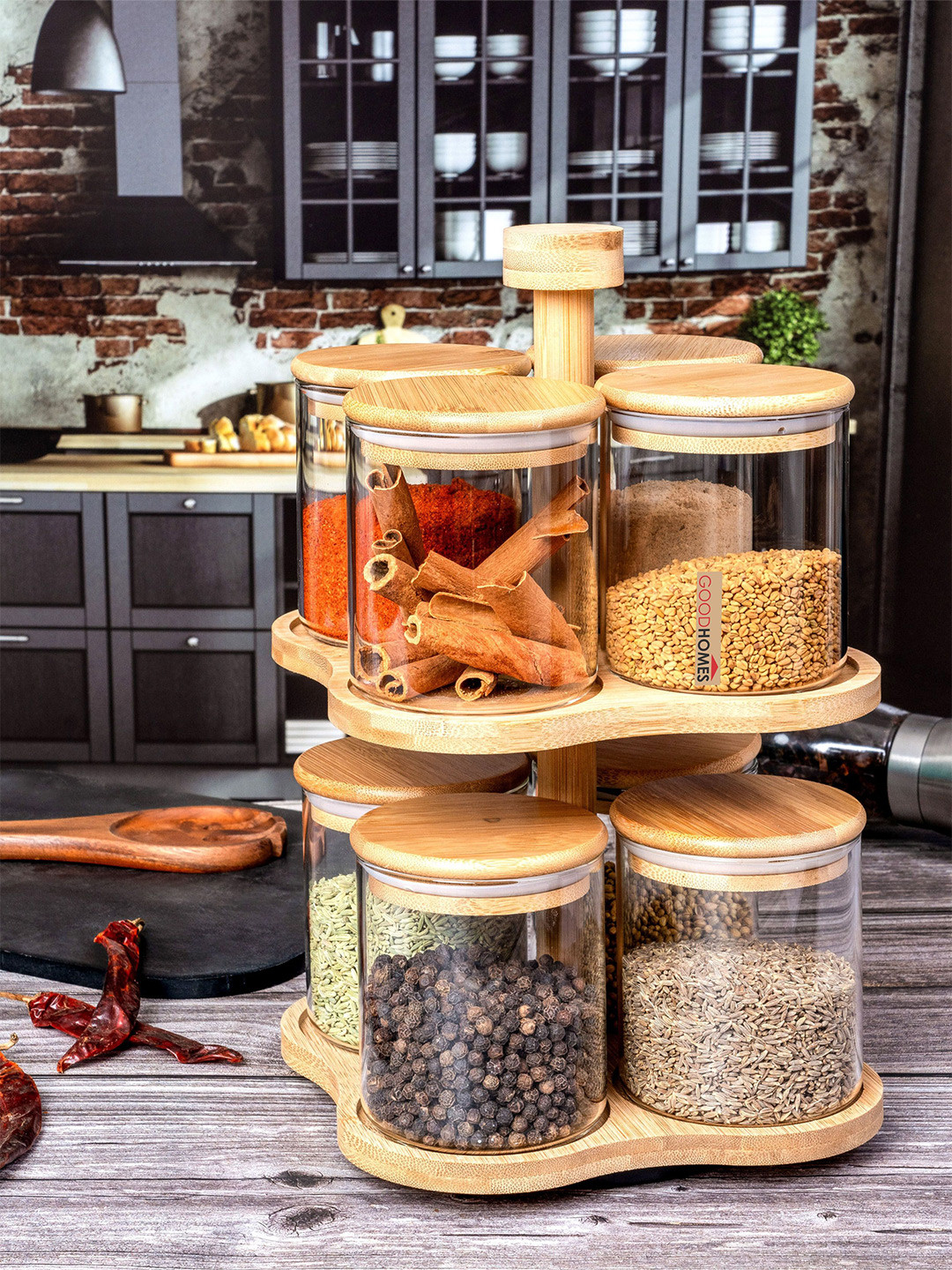 Glass 8 pcs Rotating Spice Jar Set