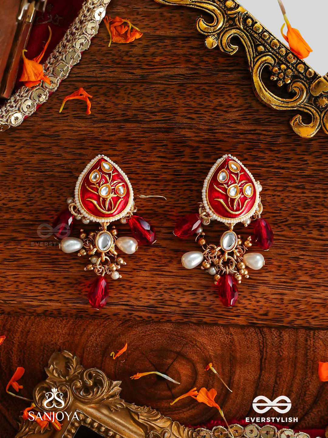 EVERSTYLISH Sanjoya Kundan Earrings With Red Enamel Details & Pearl Embellishments