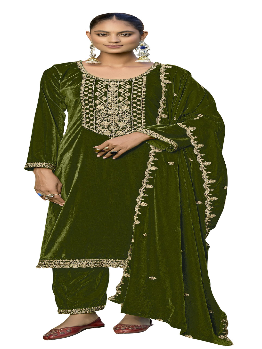 DRAVINAM Trends Floral Embroidered Zari Worl Velvet Unstitched Dress Material