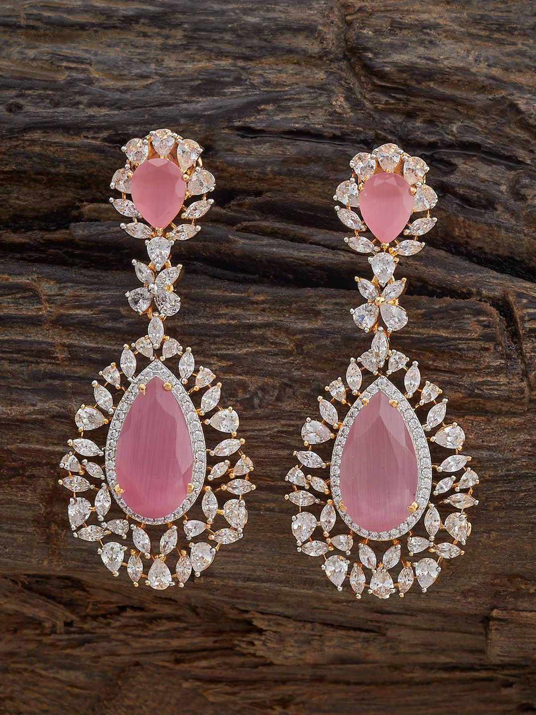 Kushal's Fashion Jewellery  Pink Teardrop Shaped Cubic Zircon Drop Earrings