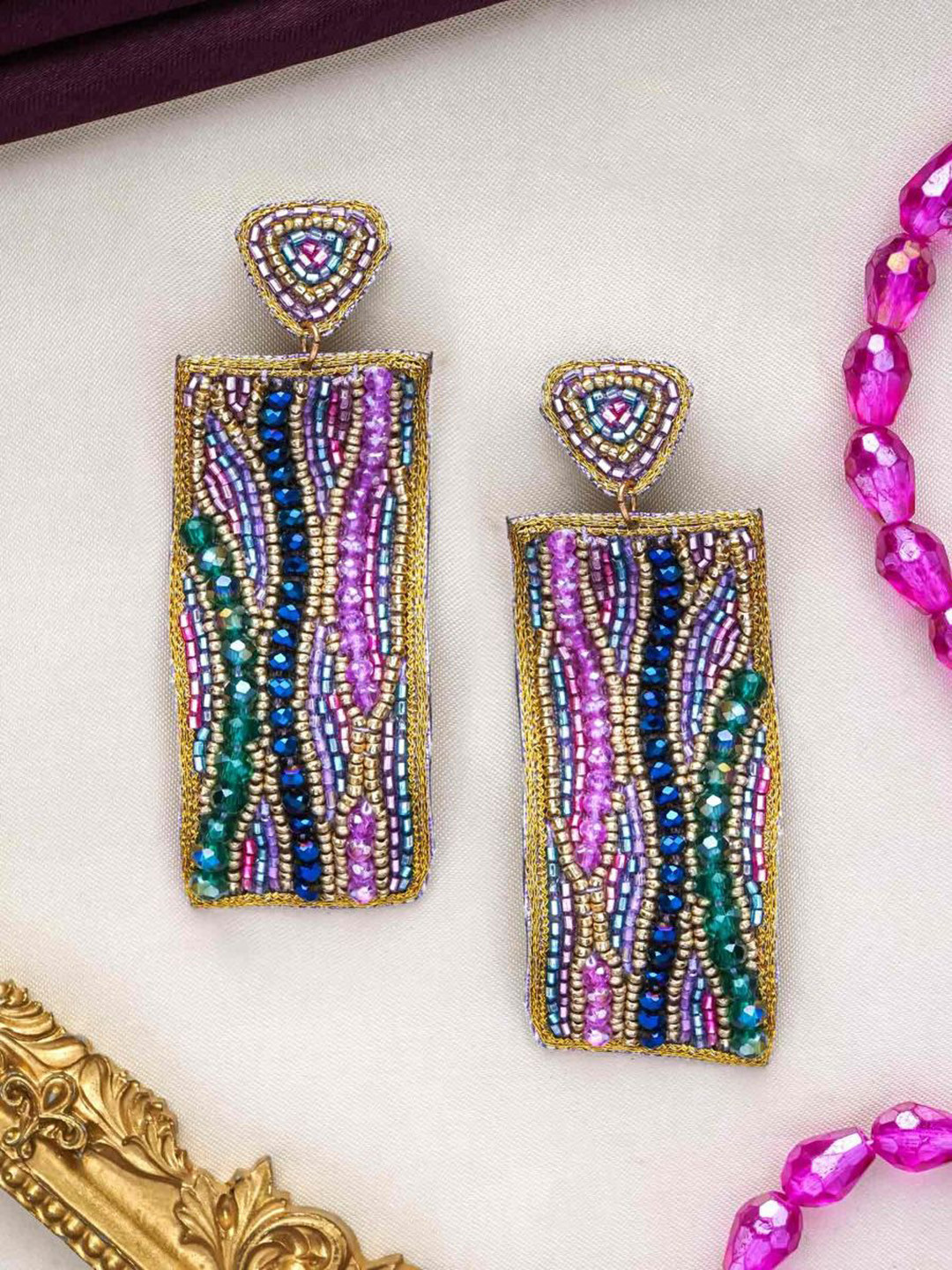 EVERSTYLISH Sanjoya Beaded Rectangle Embroidered Multicolor Earrings