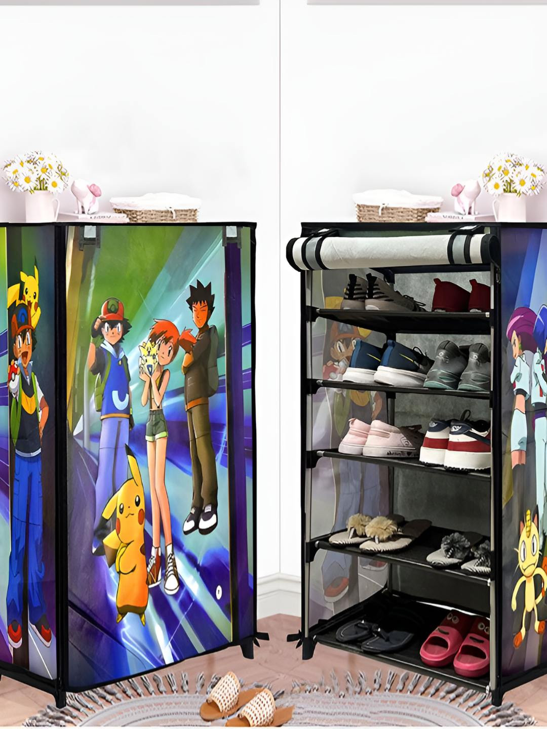 Urban Choice Grey & Blue Cartoon Printed 5 Layer Collapsible Shoe Stand