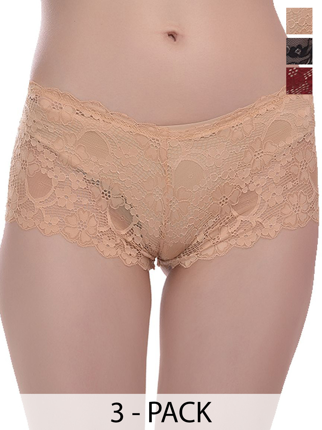 Fleurt Women Pack Of 3 Assorted Lace Boy Shorts Briefs - HOBFPT3-OS-21