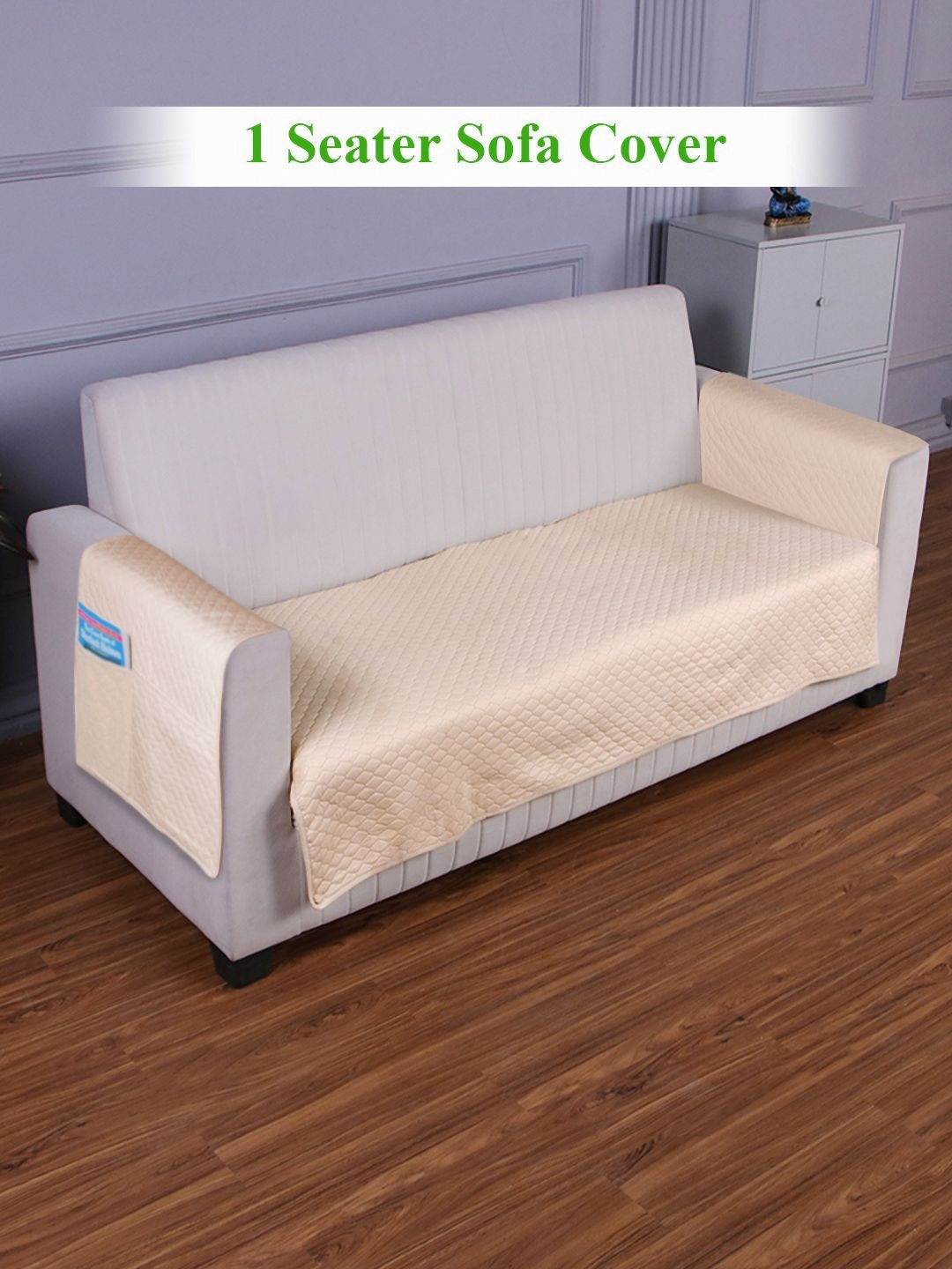 HOKIPO Beige 1 Seater Sofa Seat Mat & 2 Armrest Covers with Pockets