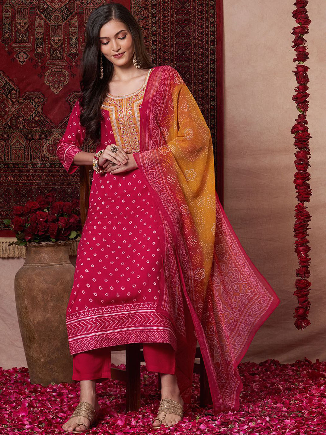 Anni Designer Bandhni Printed Round Neck Straight Kurta with Trousers & With Dupatta
