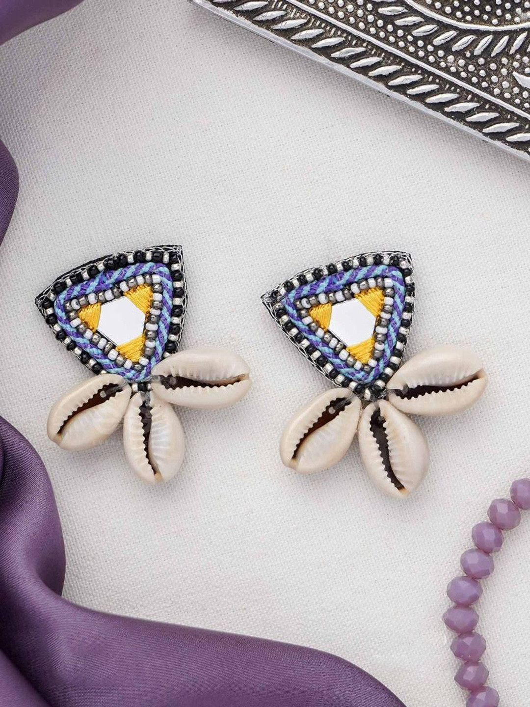EVERSTYLISH Sanjoya Mirror, Resham & Shells Embroidered Earrings