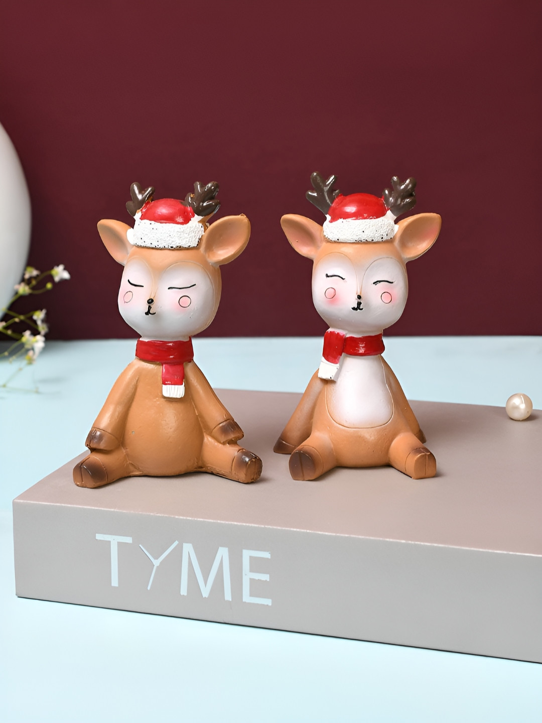 TAYHAA Deer Red Polyresin Glossy Living Room Set of 2 Small Showpieces - 4.3 Inches