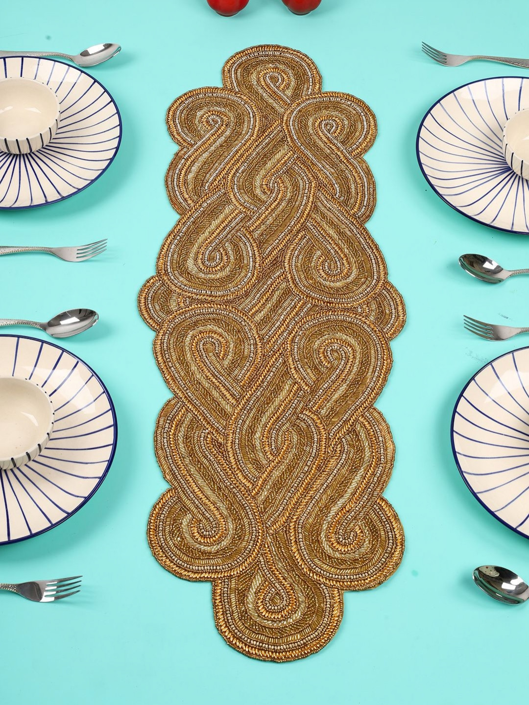 YWULY Brown & Beige Abstract Beaded Dining Table Runner