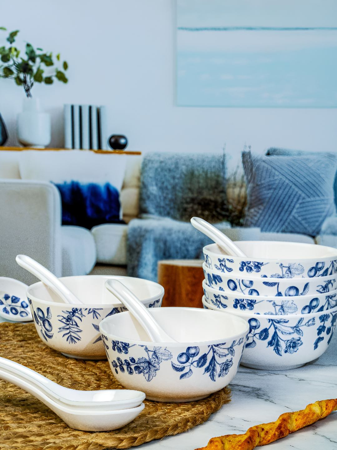 Servewell White & Blue 12 Pieces Printed Melamine Serving Bowls & Spoons 280 ml