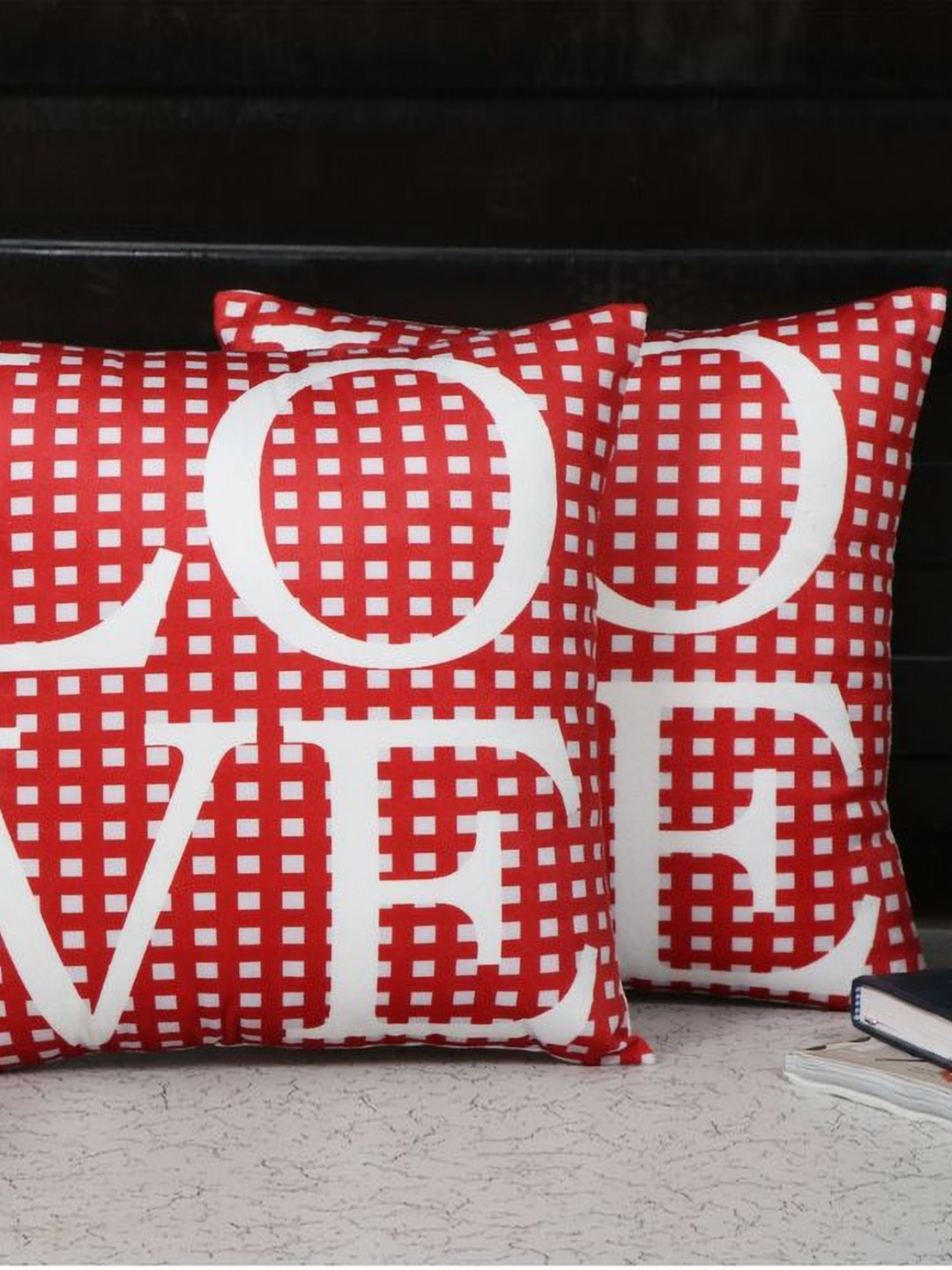 Aura Red & White 2 Pieces Love Printed Square Cushion Covers