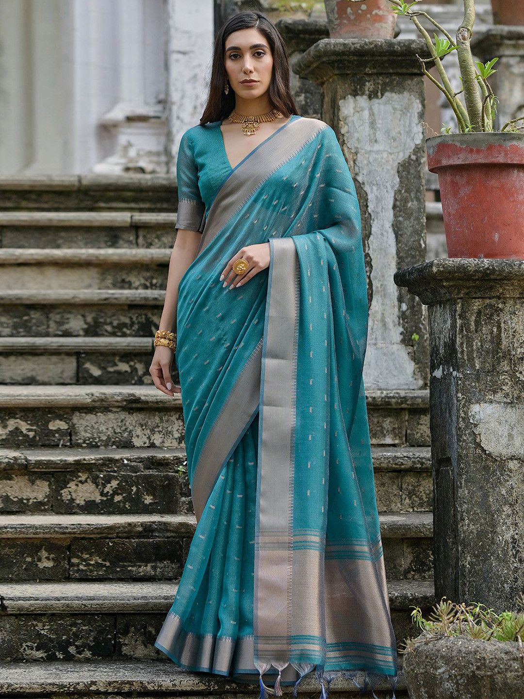 VISHNU WEAVES Sky Rama Woven Design Linen Silk Zari Butti Weaves Saree