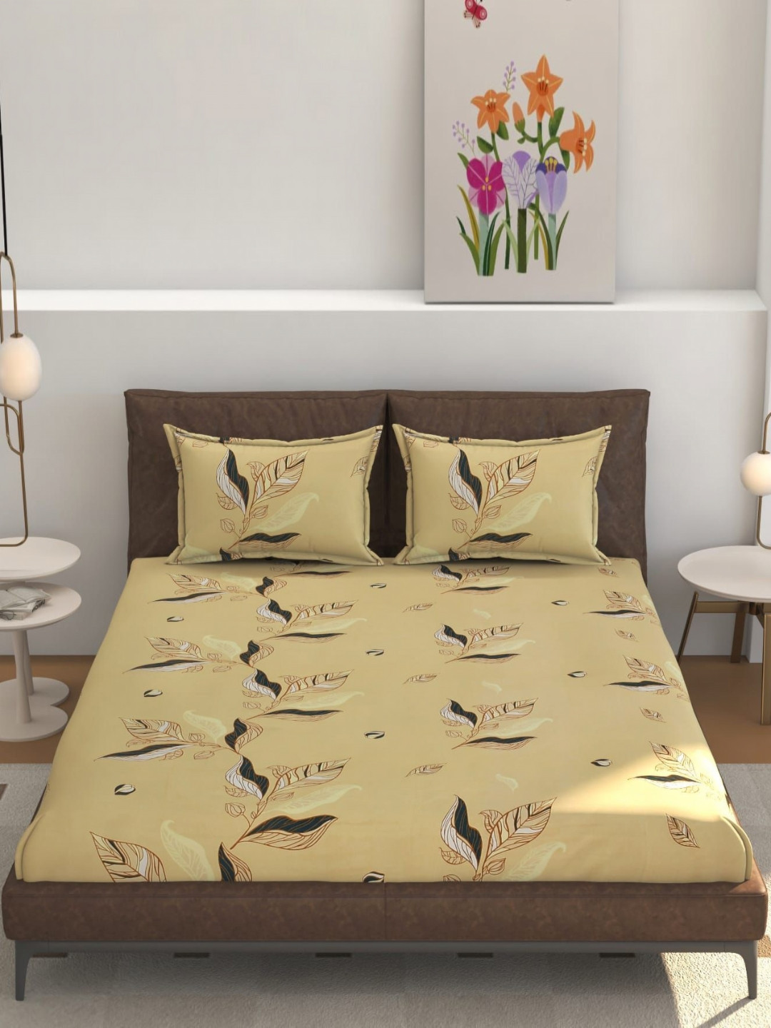 RIDHAAN Mustard Leaf Polycotton 220 TC Fitted Queen Fine Bedsheet with 2 Pillow Covers-72 x 76 inches