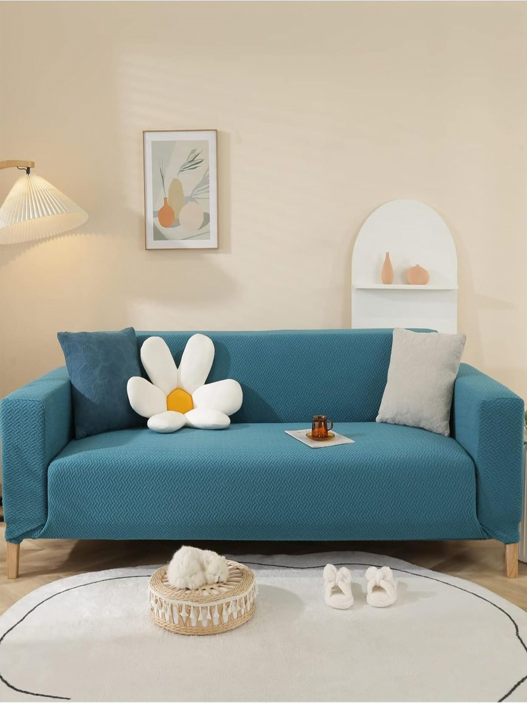 HOUSE OF QUIRK Blue Textured Polar Fleece 220 GSM Four Seater Sofa Cover