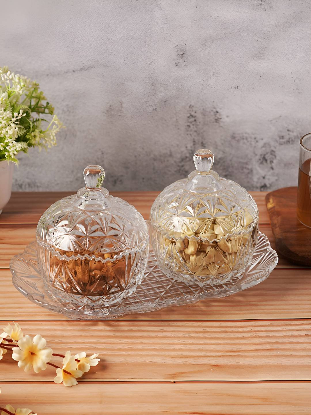 Aura Transparent 2 Pieces Textured Glass Serving Bowls With Glass Tray-250 ml Each