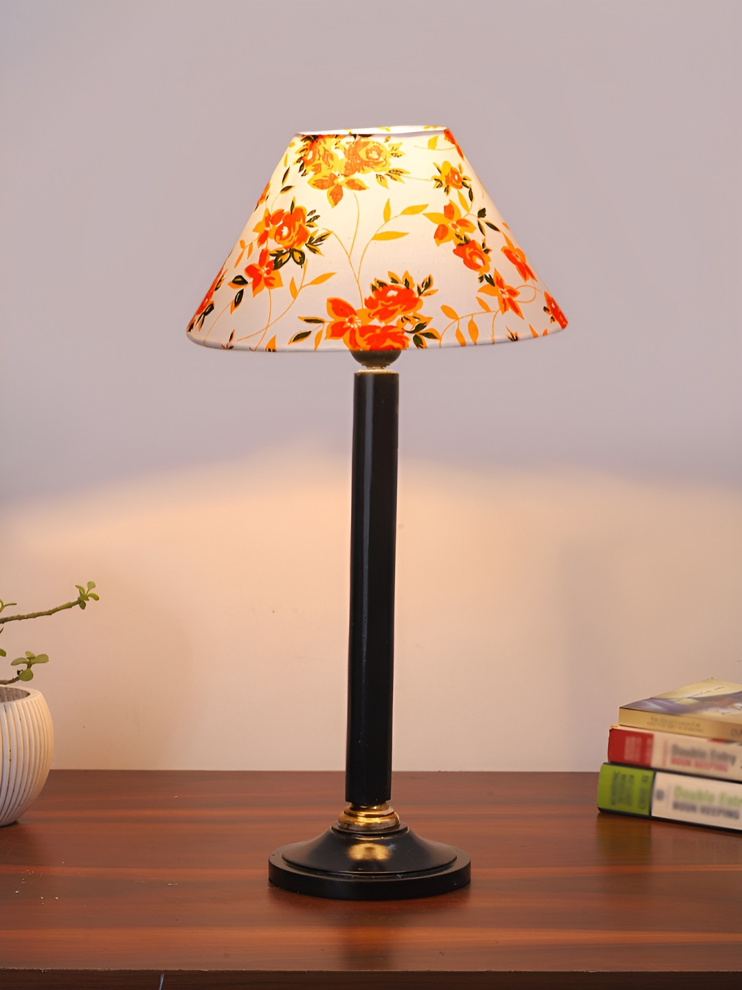 Devansh White and Orange Floral Printed Wooden Frusturical Shaped Table Lamp
