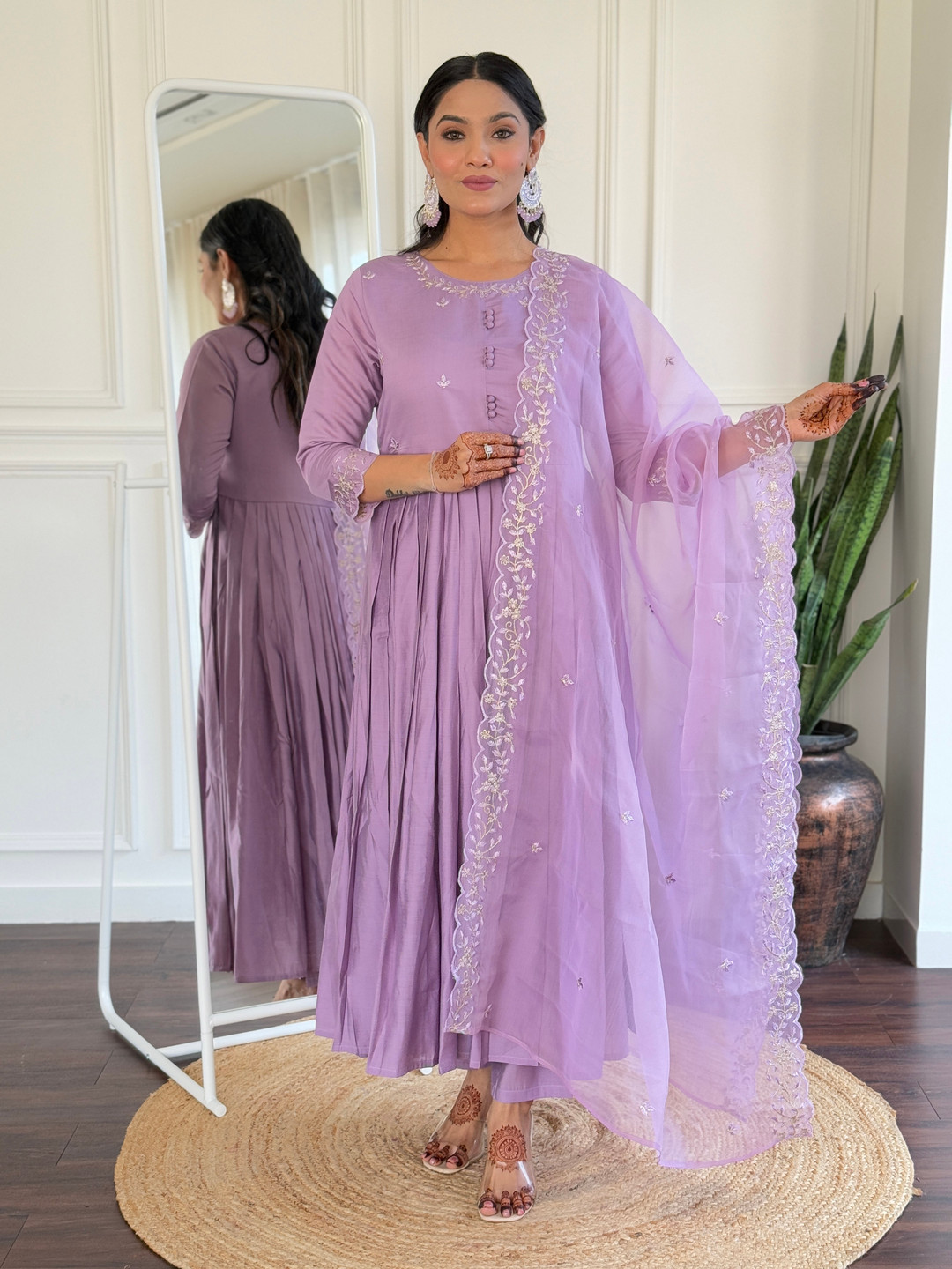 KALINI Floral Embroidered Pleated Anarkali Kurta With Trousers & Dupatta